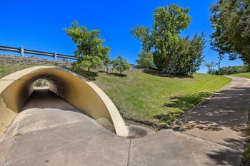 A tunnel on the side of a hill with grass and trees